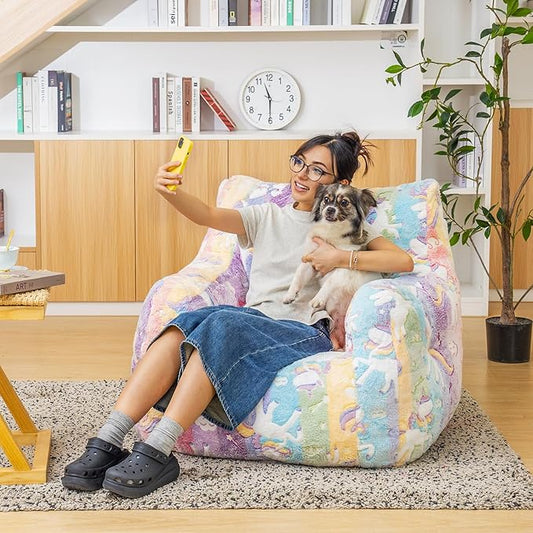 Rainbow Unicorn Bean Bag Armchair - Pastel Cloud Print Memory Foam Chair with Washable Cover for Kids Room, Reading, and Magical Family Moments