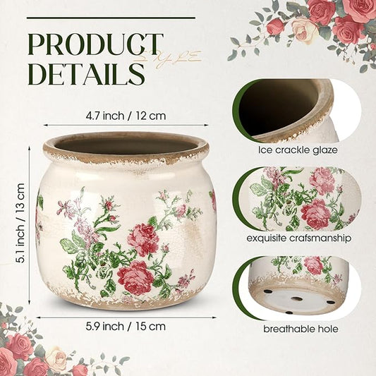 Ceramic planter with rose motif, white crackle glaze, and two side drainage holes