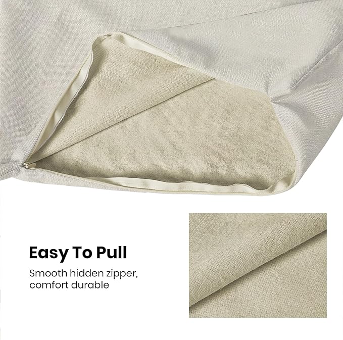 Cream textured pillow cover with concealed zipper seam, smooth woven fabric close-up