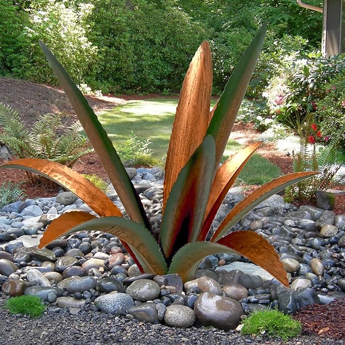 Metal Agave Garden Sculpture - 9-Leaf Rustic Botanical Outdoor Decor