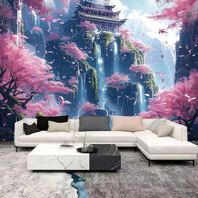 Japanese Cherry Blossom Tapestry – 90"x70" | HD Print Pink Sakura Mountain Waterfall Fairytale | Asian Aesthetic Wall Hanging for Bedroom & Living Room