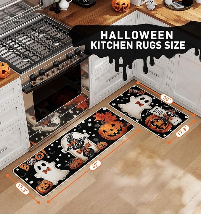 Halloween kitchen rug set on floor with ghost and jack-o'-lantern cartoon motifs