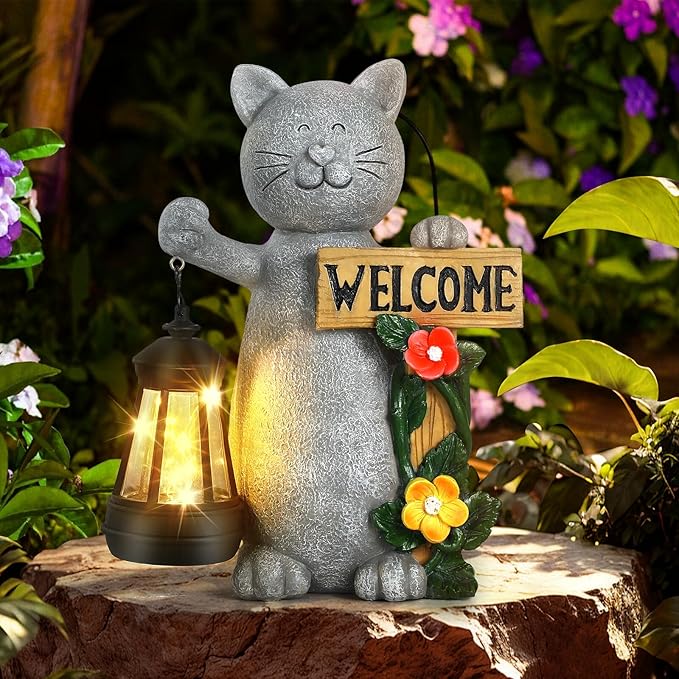 Cat Solar Garden Statue with Lantern and Welcome Sign - IP65 Resin Decor