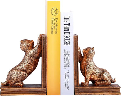 Antique gold stretching cat resin bookends, pair with cats holding books upright