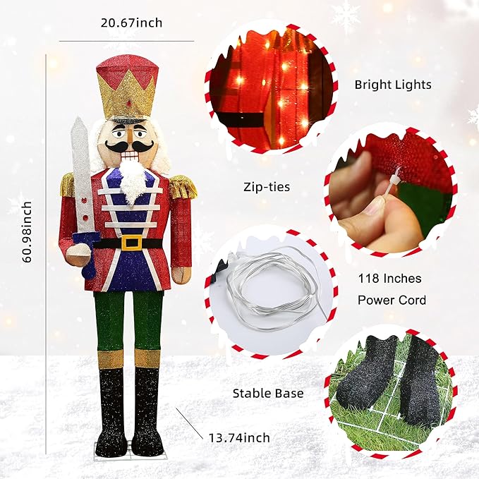 Lighted nutcracker with marked size, zip ties, power cord, and stable base (diagram)