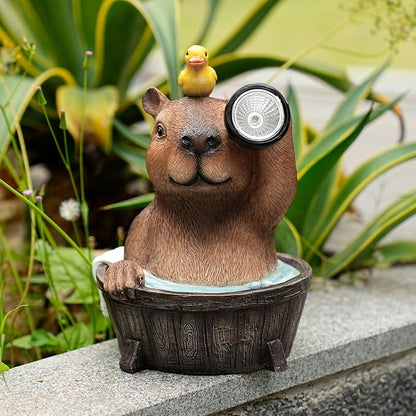 Capybara Solar Garden Statue with Duck and Flashlight - Funny Resin LED Outdoor Decor
