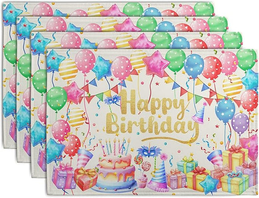 Birthday cotton-linen placemats, set of 4, colorful balloons and gifts print