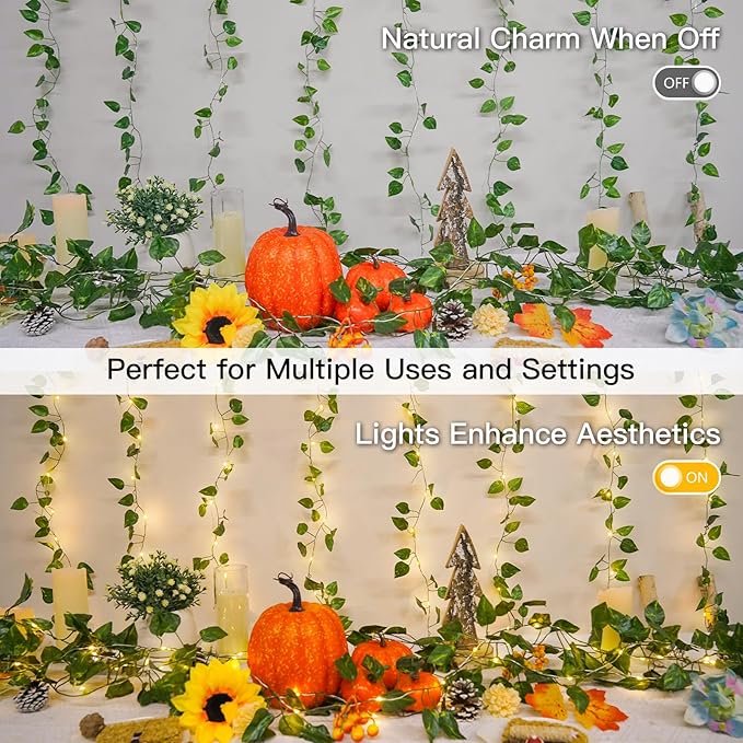 Pothos Vine Fairy Lights – 6.5ft x 6.5ft 200 LED Warm White | Copper Wire | Pre-Attached Leaf Curtain | Remote Timer Dimmer | Bedroom Dorm Wedding Party Wall