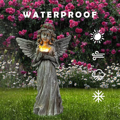 Solar Angel Garden Statue Holding Dove with Glowing Light - Resin Waterproof Outdoor Decor