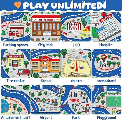 Kids city traffic playmat rug in blue with illustrated road sections, parks, and buildings