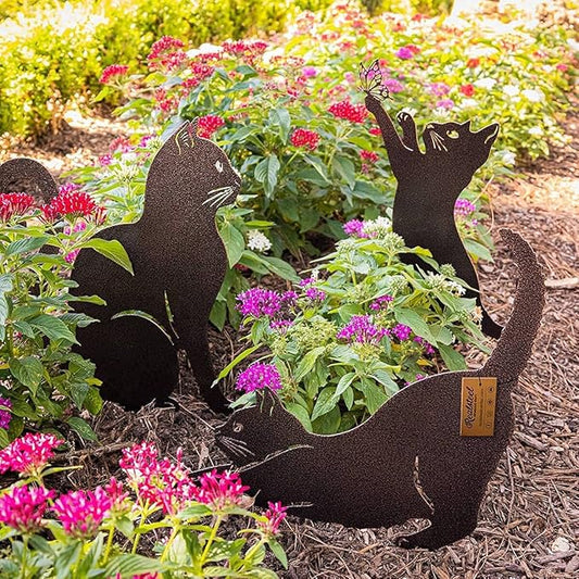 3-Piece Penny Vein Steel Cat Garden Statue Set - Mom Cat and Kittens Yard Art with Ground Stakes for Lawn, Flower Beds, and Patio