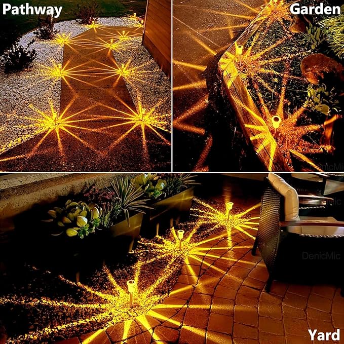 Solar path stake lights casting starburst patterns across walkway and garden