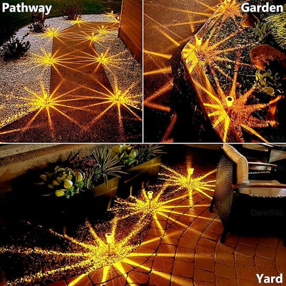 Solar path stake lights casting starburst patterns across walkway and garden