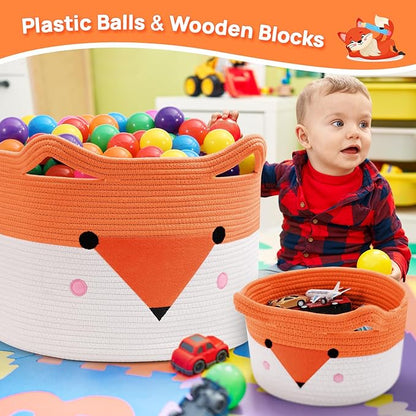 Orange and white woven basket with fox face design, holds toys and plastic balls
