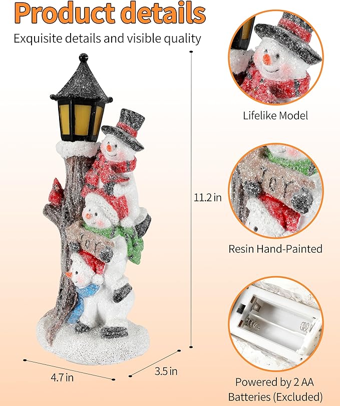 Resin hand-painted stacked snowman figurine with black lantern light and snowy base