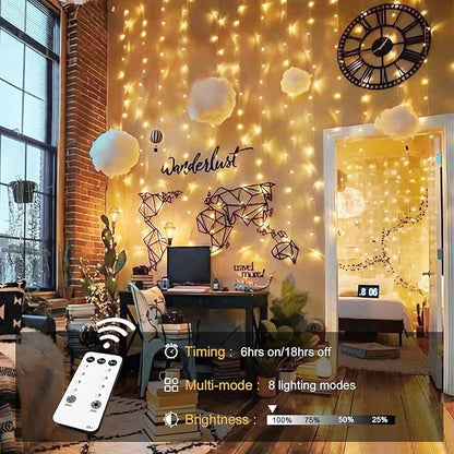 Warm white LED curtain string lights with remote control, timer and multi-mode lighting settings