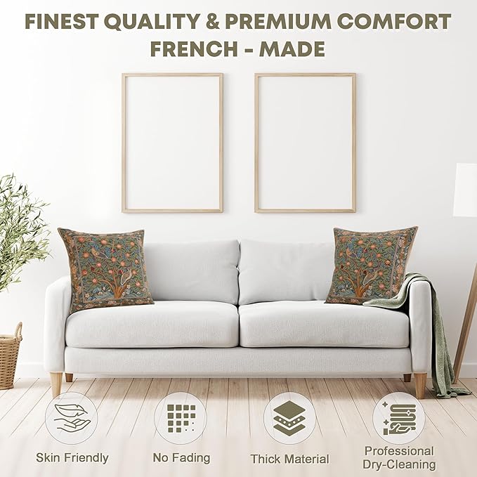 Set of tapestry pillow covers on white sofa, green bird and floral square pattern