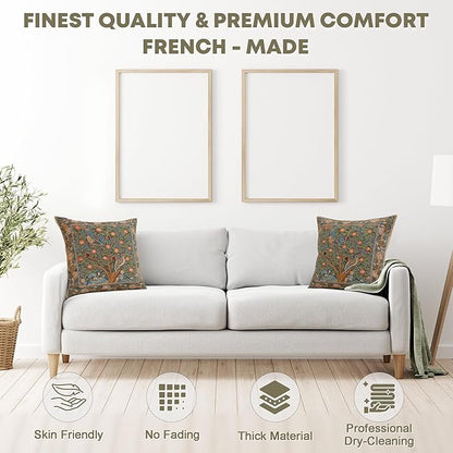 Set of tapestry pillow covers on white sofa, green bird and floral square pattern