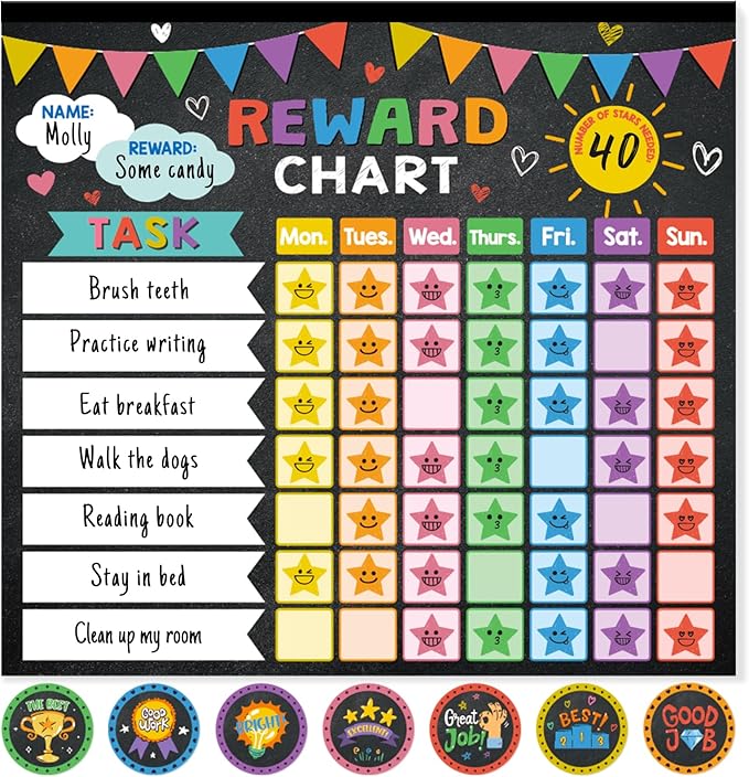 Magnetic reward chore chart with colorful task grid and round star reward stickers