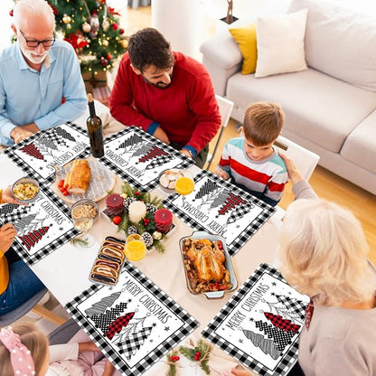 Set of 6 Christmas placemats with black and white buffalo plaid border and tree designs