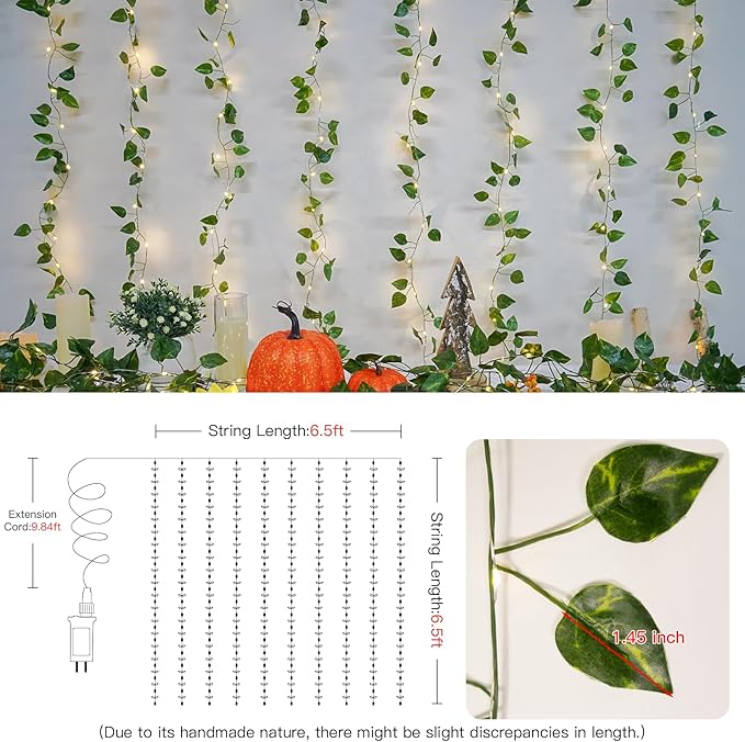 Pothos Vine Fairy Lights – 6.5ft x 6.5ft 200 LED Warm White | Pre-Strung Leaf Curtain Lights | Remote Timer Dimmer | Bedroom Dorm Wedding Party Wall Decor