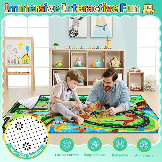Kids dinosaur safari road mat rug, multicolor jungle and track lanes