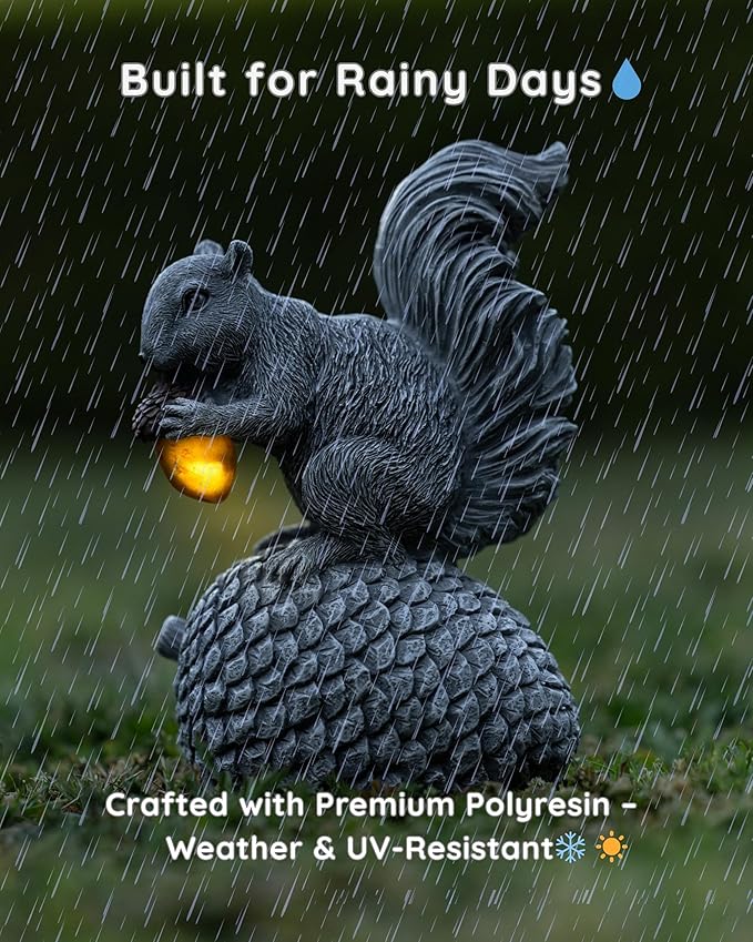 Solar Squirrel Garden Statue with Glowing LED Acorn - Hand-Painted Resin Decor