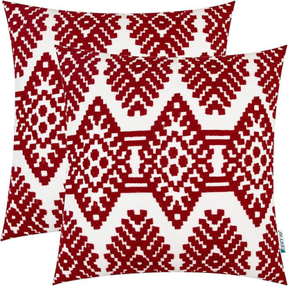 Set of 2 red embroidered throw pillow covers with diamond geometric pattern, 18x18 in