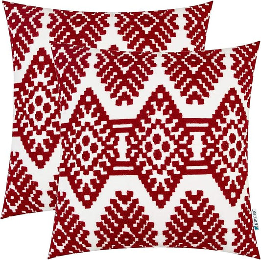 Set of 2 red embroidered throw pillow covers with diamond geometric pattern, 18x18 in
