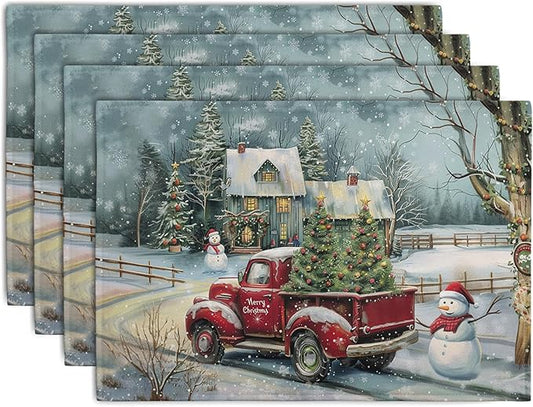 Winter Christmas placemat set of 4, blue scene with red truck, snowman, evergreen tree