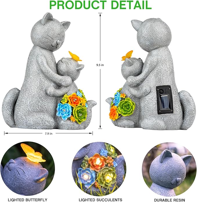 Solar Loving Cat Garden Statue with Butterflies - IP65 Resin Decor