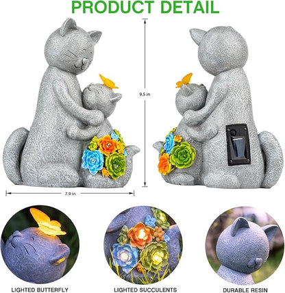 Solar Loving Cat Garden Statue with Butterflies - IP65 Resin Decor