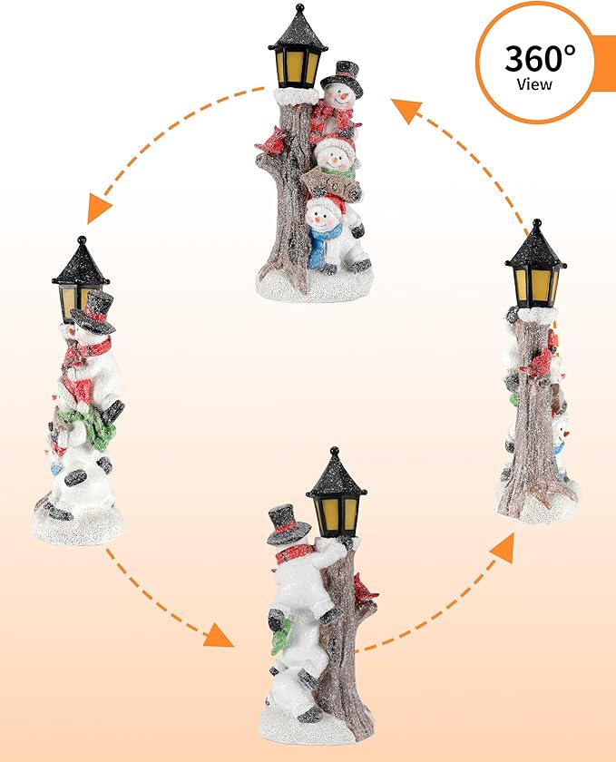360° view of lighted stacked snowman table decor with lantern and three snowmen