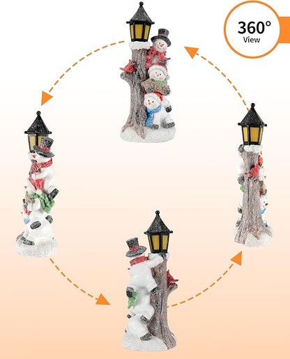 360° view of lighted stacked snowman table decor with lantern and three snowmen