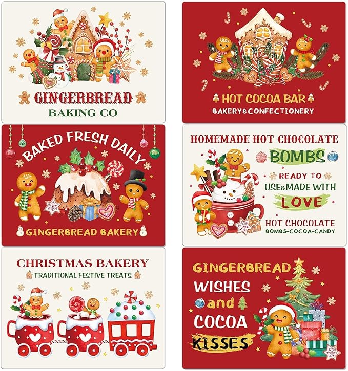 Set of 6 Christmas gingerbread and hot cocoa themed table mats, colorful red-and-white designs