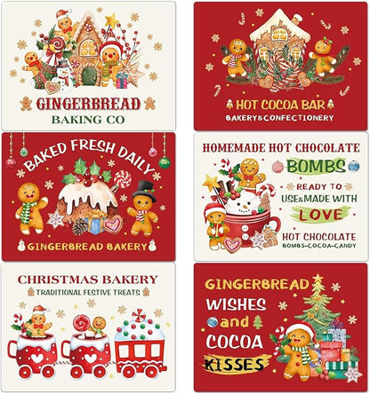 Set of 6 Christmas gingerbread and hot cocoa themed table mats, colorful red-and-white designs
