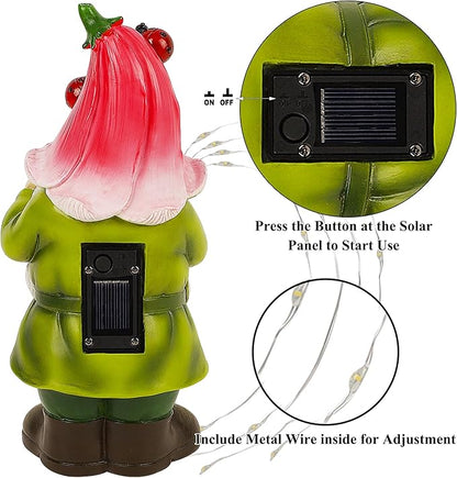 Joliyoou Solar Garden Statue Outdoor Decor, 10.2" H Resin Gnome with Watering Can & Solar Fairy Lights, Waterproof Standing Gnome Figurine for Lawn Yard Pathway Patio Front Door Decoration