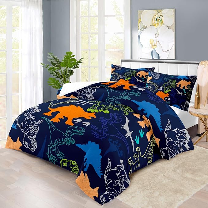 Blue dinosaur comforter set on queen bed with two pillow shams, colorful dinosaur print.