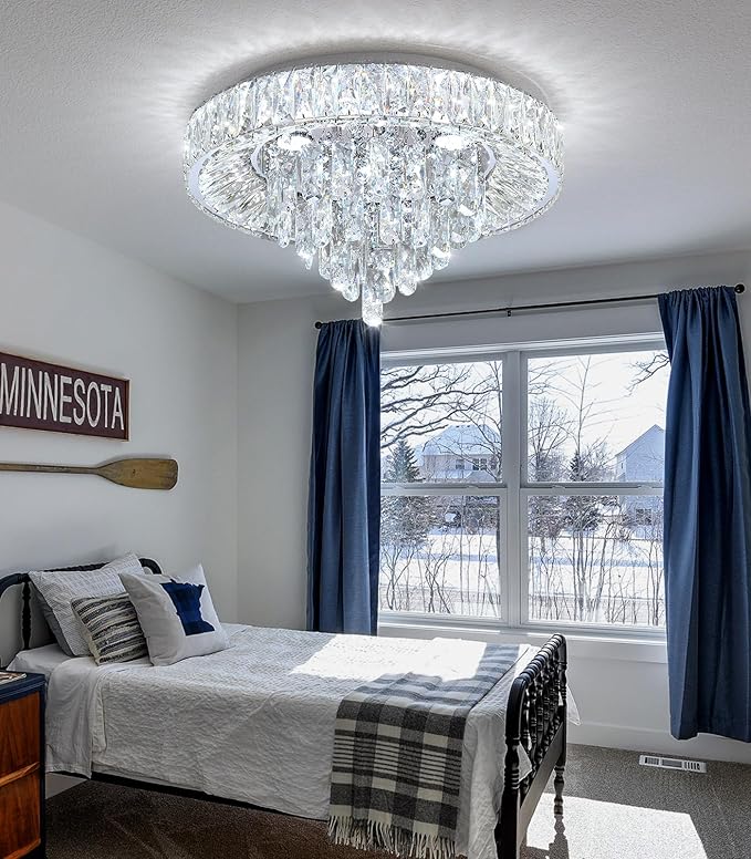 Crystal flush mount ceiling chandelier with clear crystal canopy and hanging drops