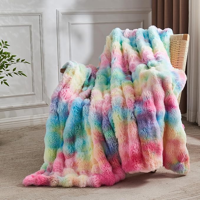 Rainbow Bubble Faux Fur Queen Blanket – 90"x90" | 800GSM Big Bubble Rabbit Fluff | Thick Plush Shaggy Bed Blanket for Queen Beds