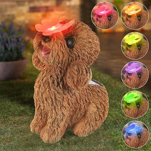 Solar Puppy Garden Statue with Butterfly - 7.67-Inch Resin Outdoor Decor