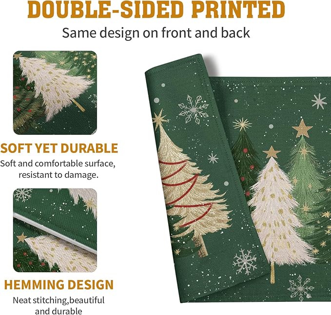 Green Christmas placemat fabric with pine tree and snowflake print