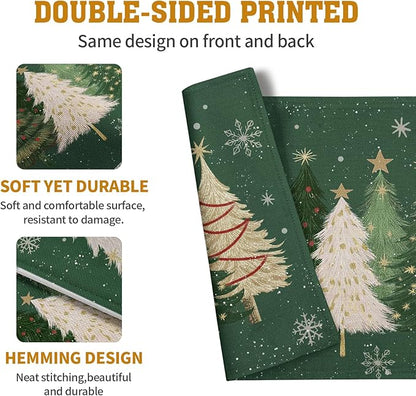 Green Christmas placemat fabric with pine tree and snowflake print