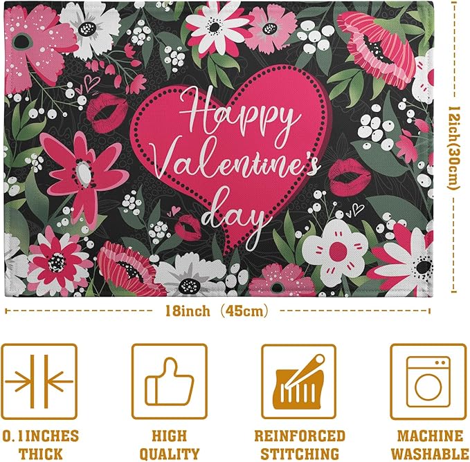 Happy Valentine's Day Floral Love Heart Placemats, Set of 4 – 18 x 12-Inch Cotton Linen Table Mats for Anniversary, Wedding Party, Kitchen & Dining Decor