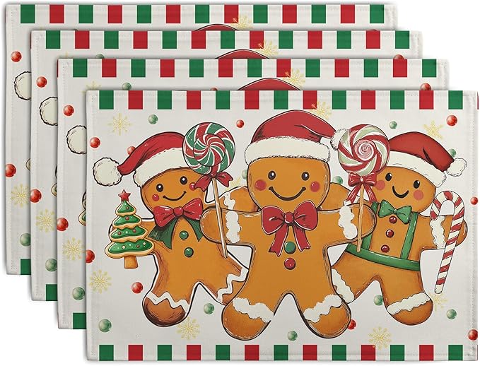 Set of 4 Christmas gingerbread placemats with red, green, and striped border design