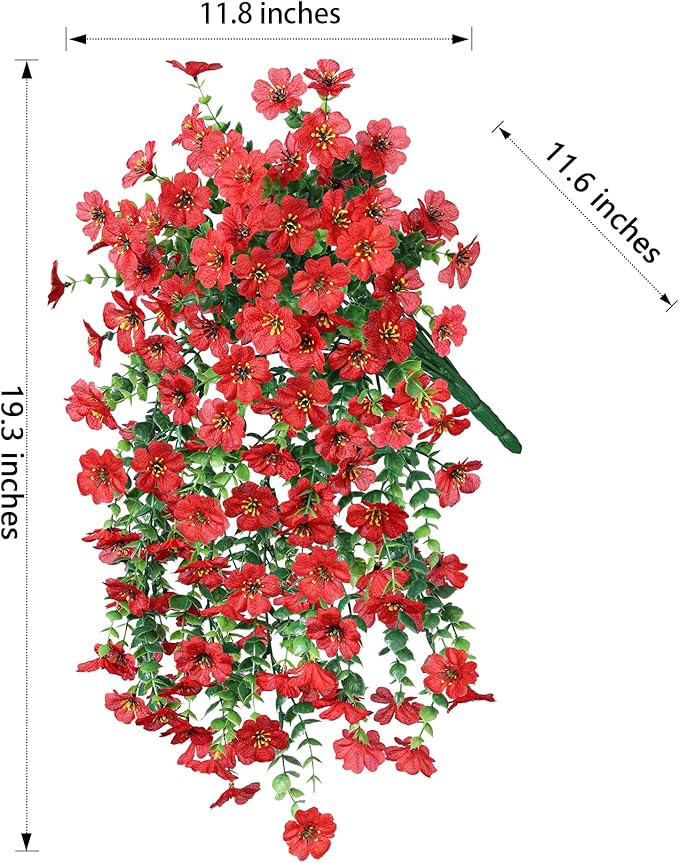 Red faux hanging flower bundle with dense green vines, flower head with trailing tips