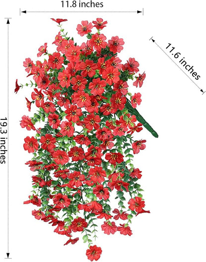 Red faux hanging flower bundle with dense green vines, flower head with trailing tips