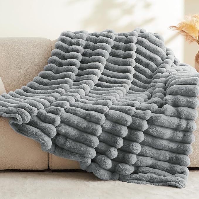 Grey Faux Rabbit Fur Throw Blanket – 60"x80" | 770GSM Double-Sided Luxury Fluffy Blanket | 3D Striped Plush Throw for Two