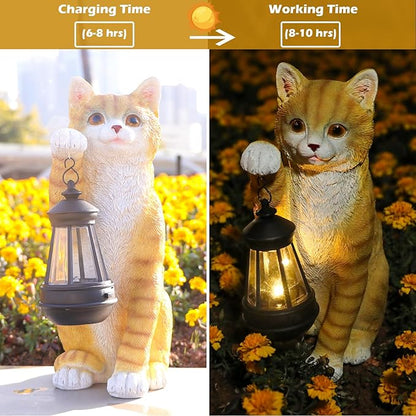 Cat Solar Garden Statue with Lantern - Waterproof Resin Outdoor Decor