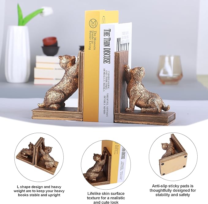 Antique gold cat resin bookends pair with both cats leaning against books